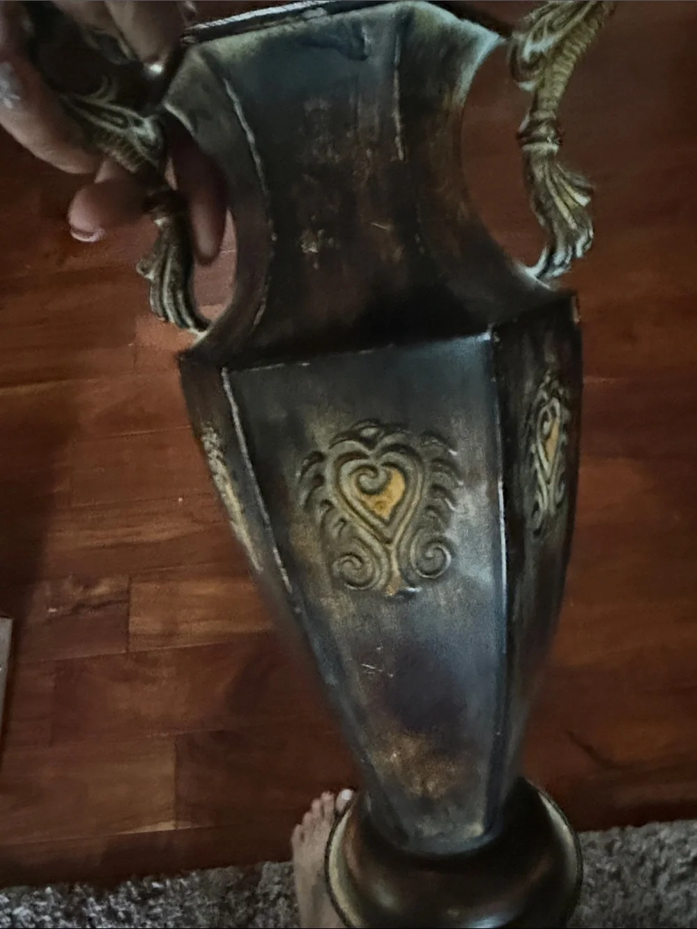 Ornate Brown and Gold Decorative Vase with Scroll Handles